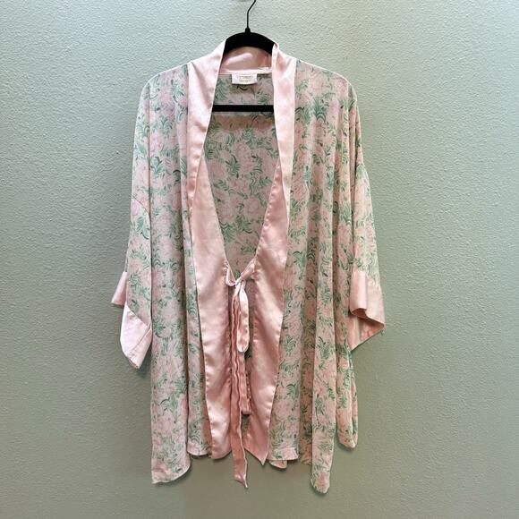Victoria's Secret Gold Label Pink + Green Floral Satin Trim Tie Front Robe - OS - Picture 1 of 7